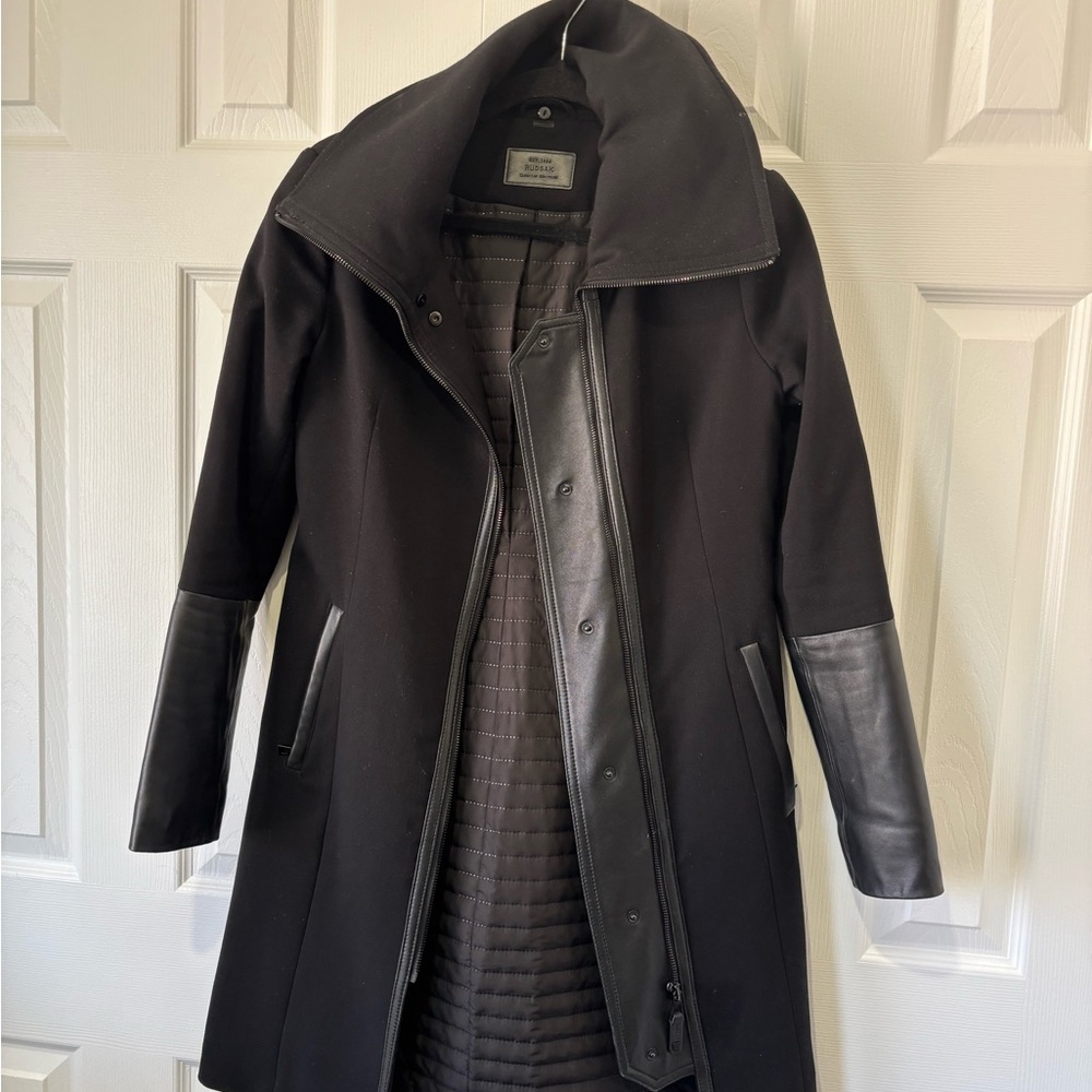 RUDSAK Black Women's Pea Coat with Leather Trim